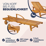 Tumbona plegable Casaria® resistente a la intemperie, de madera, capacidad de carga de 160 kg, con 2 ruedas, mesa auxiliar, respaldo y reposapiés ajustables, 196 cm