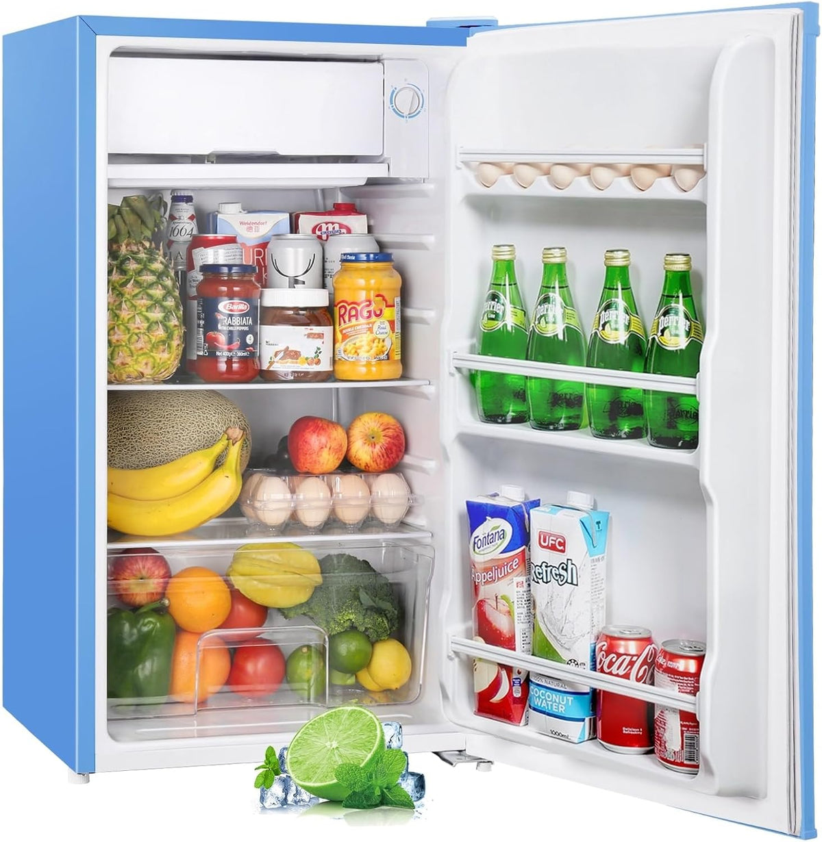 Upstreman 91L Mini-refrigerador con compartimento de enfriamiento rápido, 5 niveles de temperatura (0-10 ℃), eficiente energéticamente, funcionamiento silencioso de 41 dB, compacto y espacioso para dormitorio universitario/oficina, BR321-Azul