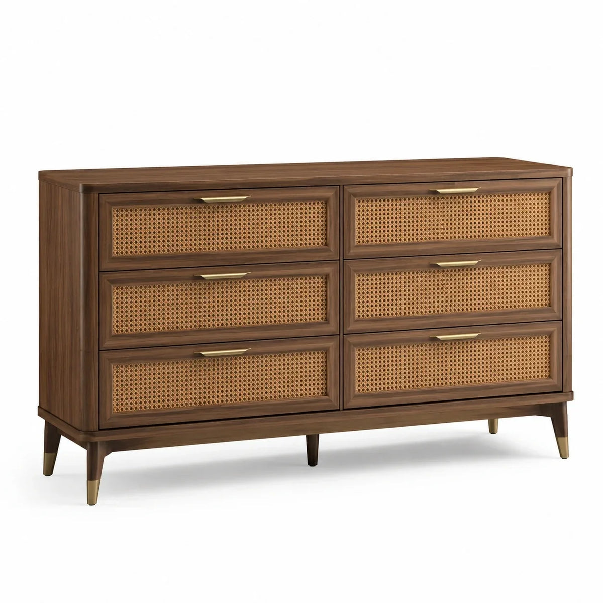 Cómoda de madera con frentes de ratán, 6 cajones, marrón
