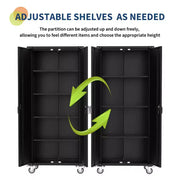 Gabinete de almacenamiento de metal para garaje de alta resistencia de 72 pulgadas con ruedas - Puertas con cerradura - 4 estantes ajustables - Organizador de tablero perforado - Casillero de herramientas móvil