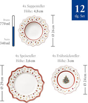 Villeroy & Boch – Toy's Delight Vajilla de Navidad de 12 piezas, set de platos navideños Toys, vajilla navideña, servicio de Navidad para 4 personas, platos llanos, platos hondos, platos de desayuno, porcelana