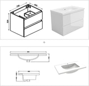 Muebles de baño, lavabo de cerámica de 80 cm con mueble bajo, conjunto de muebles de baño, armarios de baño con 2 cajones de cierre suave, blanco brillante