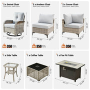 Conjunto de 9 piezas de sillas giratorias de mimbre para exteriores OVIOS con mesa de fuego