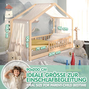 Cama infantil CADANI Malte 90x200 cm – Cama casita con barrera de seguridad extraíble, capacidad de carga de hasta 200 kg, somier de láminas enrollable, cama Montessori a ras de suelo de madera maciza de pino, natural