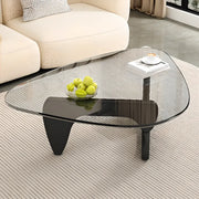 Mesa de centro triangular de madera con cubierta de cristal
