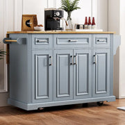 54 Isla de cocina grande con ala abatible de madera de caucho, carro de cocina rodante con textura repujada sobre 4 ruedas con 4 puertas y 3 cajones