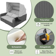 Muebles de jardín de ratán sintético para 2 personas, sofá de jardín, sofá lounge, toldo extraíble, ratán sintético y espuma, gris