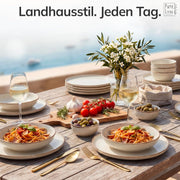 Juego de vajilla de gres para 12 personas, rústico, 48 piezas, GANADOR DEL TEST, vajilla de gres de alta calidad estilo casa de campo, juego de cuencos y platos, vajilla de mesa para 12 personas, juegos de vajilla Pure Living en beige