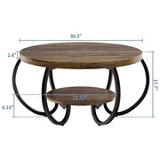 Mesa de centro industrial redonda de 30 pulgadas, 2 niveles con patas ajustables, estante con veta de madera, diseño de llama, fácil montaje, para sala de estar