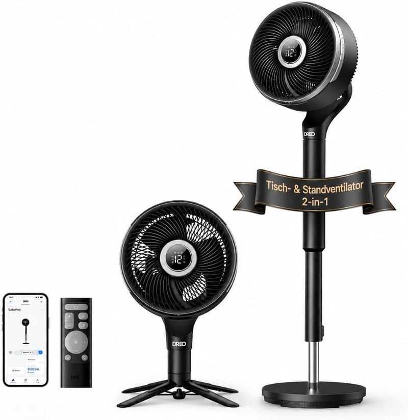 Ventilador inteligente DREO para dormitorio, ventilador de pie, oscilación omnidireccional de 150°+100°, alcance de circulación de aire de 36,6 m, motor CC silencioso, 12 velocidades, 6 modos, 20 dB, control remoto, temporizador de 12 horas.