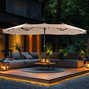 Sombrilla de mercado para exteriores rectangular de 15 pies, de doble cara, con manivela, luces LED solares y base incluida