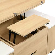 Mesa de centro elevable moderna multifuncional Zeus & Ruta con almacenamiento oculto, 4 taburetes y ruedas, perfecta para espacios modernos