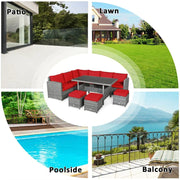 Conjunto de muebles de comedor para patio de 7 piezas de ratán con sofá seccional, mesa de comedor, otomanas y cojines