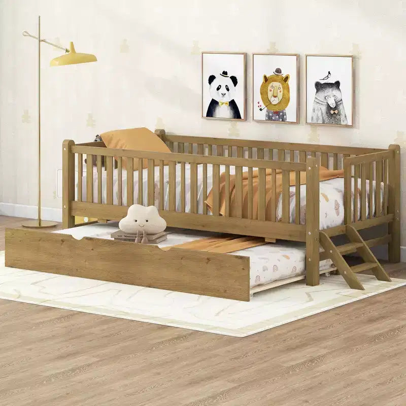 Estructura de cama individual con nido y barandilla, cama de plataforma de perfil bajo con escaleras para niños y niñas