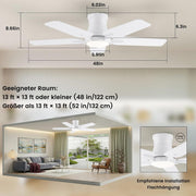 Ventilador de techo con iluminación, 122 cm, con mando a distancia, motor de CC silencioso y reversible, 3 temperaturas de color con memoria, regulable, 6 velocidades, temporizador, para dormitorio, blanco