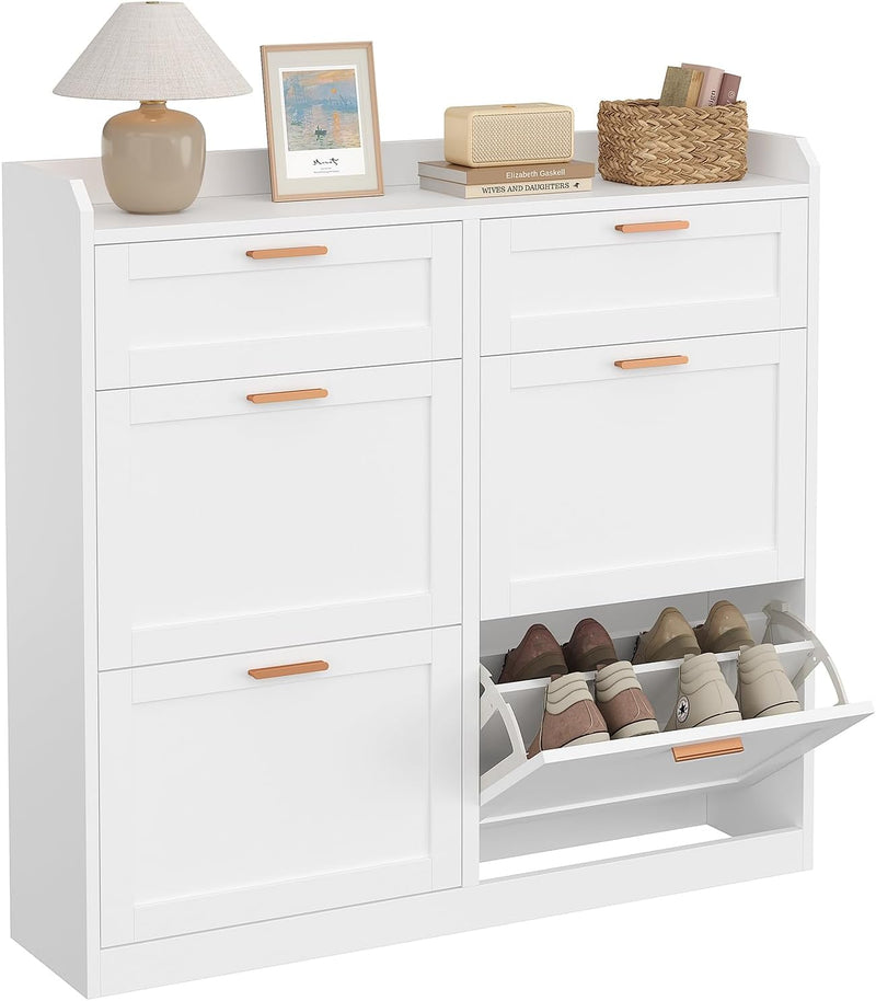 Zapatero KIMENICH con 4 trampones, mueble zapatero estrecho con 2 cajones, estante ajustable, para 16-24 pares de zapatos, recibidor, pasillo, 24 x 100 x 103 cm, blanco