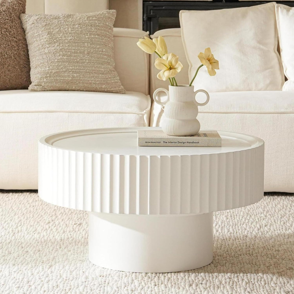 Mesa de centro redonda de madera, mesa de salón redonda con diseño acanalado, mesa de café en forma de seta de φ70×38 cm, mesa de centro redonda blanca de madera de pino para salón, habitación y balcón