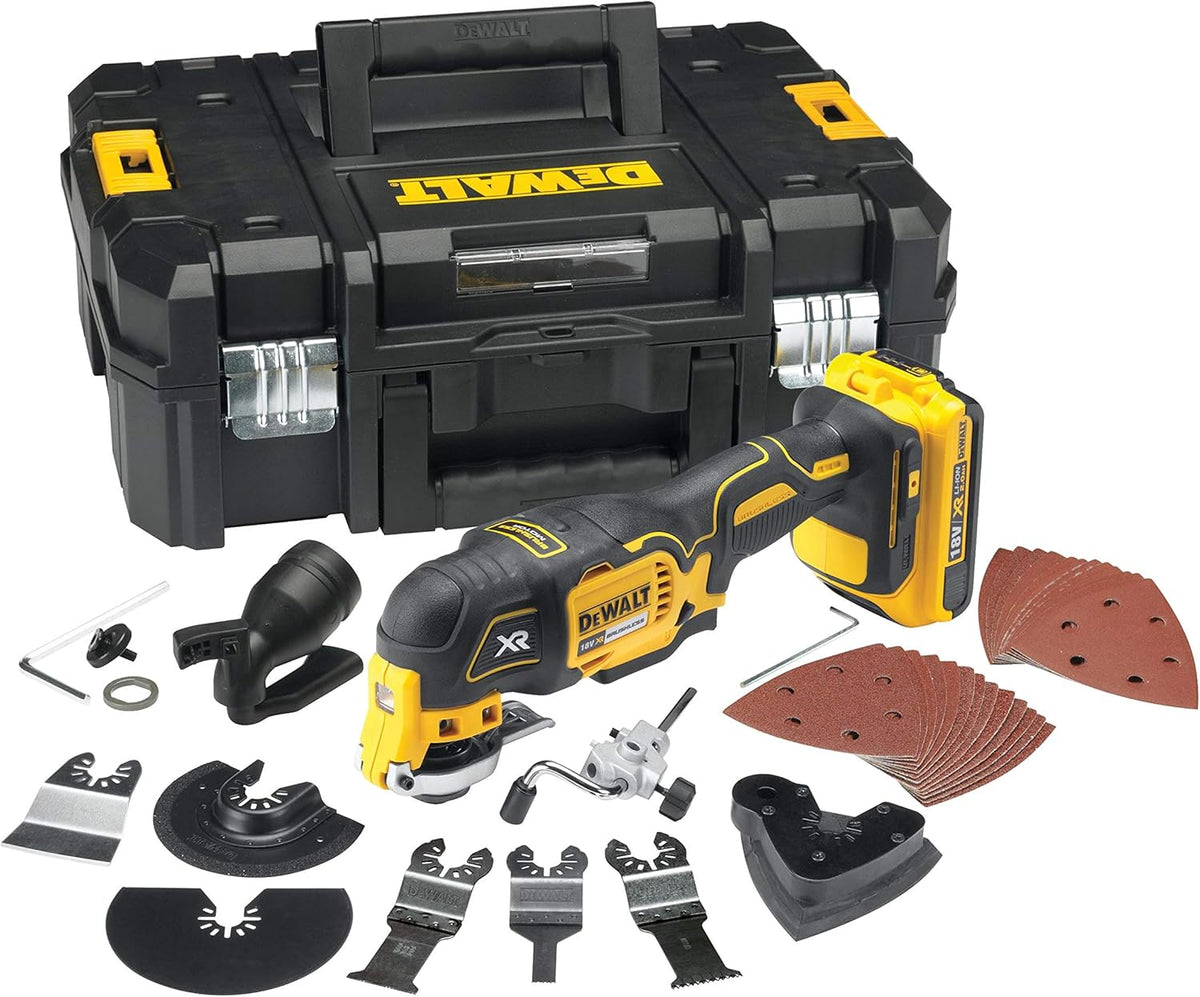 Multiherramienta oscilante DeWalt sin escobillas - XR 18V - DCS355D2-QW - Multiherramienta inalámbrica en maletín con 2 baterías, cargador y 32 accesorios - Herramienta ideal para corte y lijado - 20000 orb/min Plateado