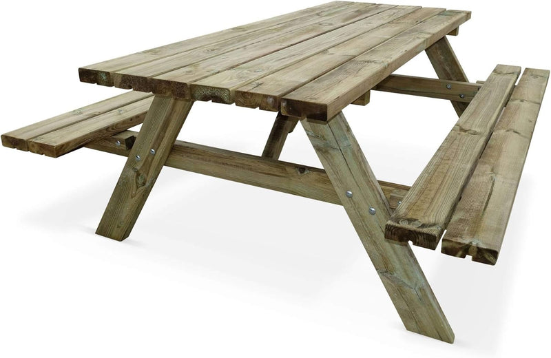 Alice's Garden - Mesa de pícnic de madera de pino + 2 bancos plegables de madera. 6 plazas - PANCHINA - Mesa de jardín robusta de pino silvestre
