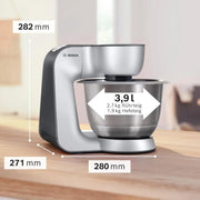 Procesador de alimentos Bosch Serie 4 MUM56340, bol de 3,9 L, batidora de 1,25 L, picadora de carne, exprimidor, sistema de mezclado planetario, gancho para amasar, varillas batidoras y mezcladoras, cortador-rallador, 3 discos, 900 W, plata/gris