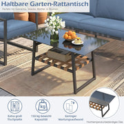 YODOLLA Juego de muebles de jardín, conjunto de 4 piezas para 4-5 personas, muebles de balcón con respaldos de ratán sintético, sofá de 3 plazas y 2 sillones con mesa de centro para jardín, azul oscuro
