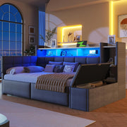 Cama nido, sofá cama, 90 × 190 cm, con dos cajones, puertos USB y tipo C, compartimento de almacenamiento, banco de almacenaje a los pies de la cama, tira de luz LED, sin colchón, terciopelo, gris oscuro
