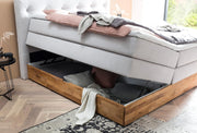 Cama boxspring Belanoti MARBO 160x200 con arcón, colchón de muelles ensacados de 7 zonas incluido, topper viscoelástico, cama 160x200 de roble en color gris blanco, firmeza H2/H3, cama tapizada con madera maciza de roble