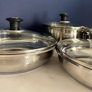 AM5535 : Batería de cocina de 15 piezas Arthur Martin, sartenes y cacerolas de acero inoxidable con accesorios, interior pulido espejo, compatible con todas las fuentes de calor, incluida inducción, color cromo