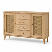 Aparador de madera de roble con puertas de ratán y 4 cajones, natural, 120x40x80 cm