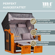 MR. DEKO Strandkorb Ostsee Wacholder PE Negro (Diseño Royal Gris) | Strandkorb de 2 plazas resistente a la intemperie | Tumbona completa de madera dura para dos personas | Strandkörbs para balcón | Silla de playa para jardín