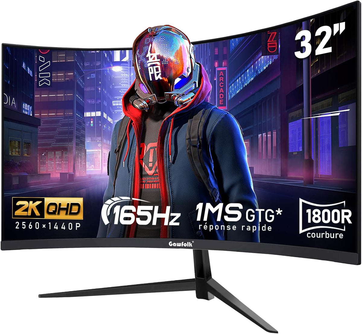 Monitor de PC Gawfolk de 32 pulgadas, 2K WQHD (2560x1440P), monitor curvo para juegos de 165Hz, 1ms sin bordes, 100% sRGB, ángulo de visión de 178°, HDMI, DisplayPort, compatible con montaje en pared VESA 100*100MM - Negro