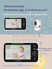 HelloBaby Monitor de bebé con 2 cámaras, pantalla dividida de 5'' y 3500mAh, monitor de vídeo para bebés, sin WiFi, ángulos de visión de 355 grados, visión nocturna, nanas, ECO