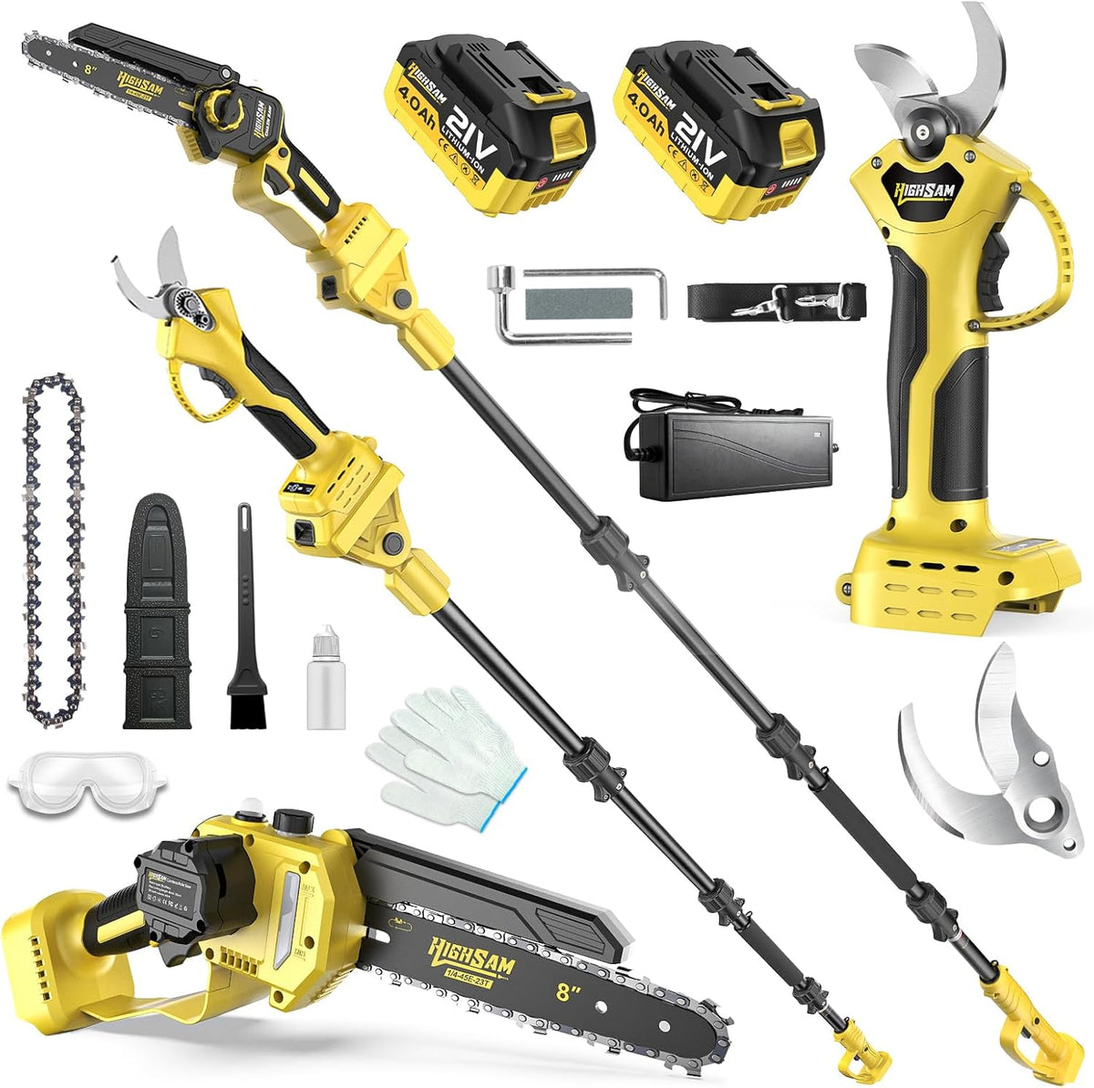 8 Zoll Mini Kettensäge & Akku Elektro Astschere, 4-in-1 Gartenwerkzeug Mit Bürstenlosem Motor, Teleskopstange Bis 4.2m, 2×4.0Ah Akkus, Astsäge Hochentaster Akku, FüR Baumzweige, Holzschneiden (yel)