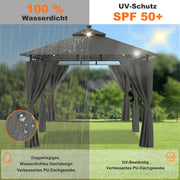 Pabellón de jardín Devoko 3x6, impermeable, estable, resistente al invierno, cenador de lujo, protección UV 50+, pabellón de barbacoa de doble capa con paredes laterales para 10-20 personas, carpa de fiesta para ocio, fiestas, gris con LED