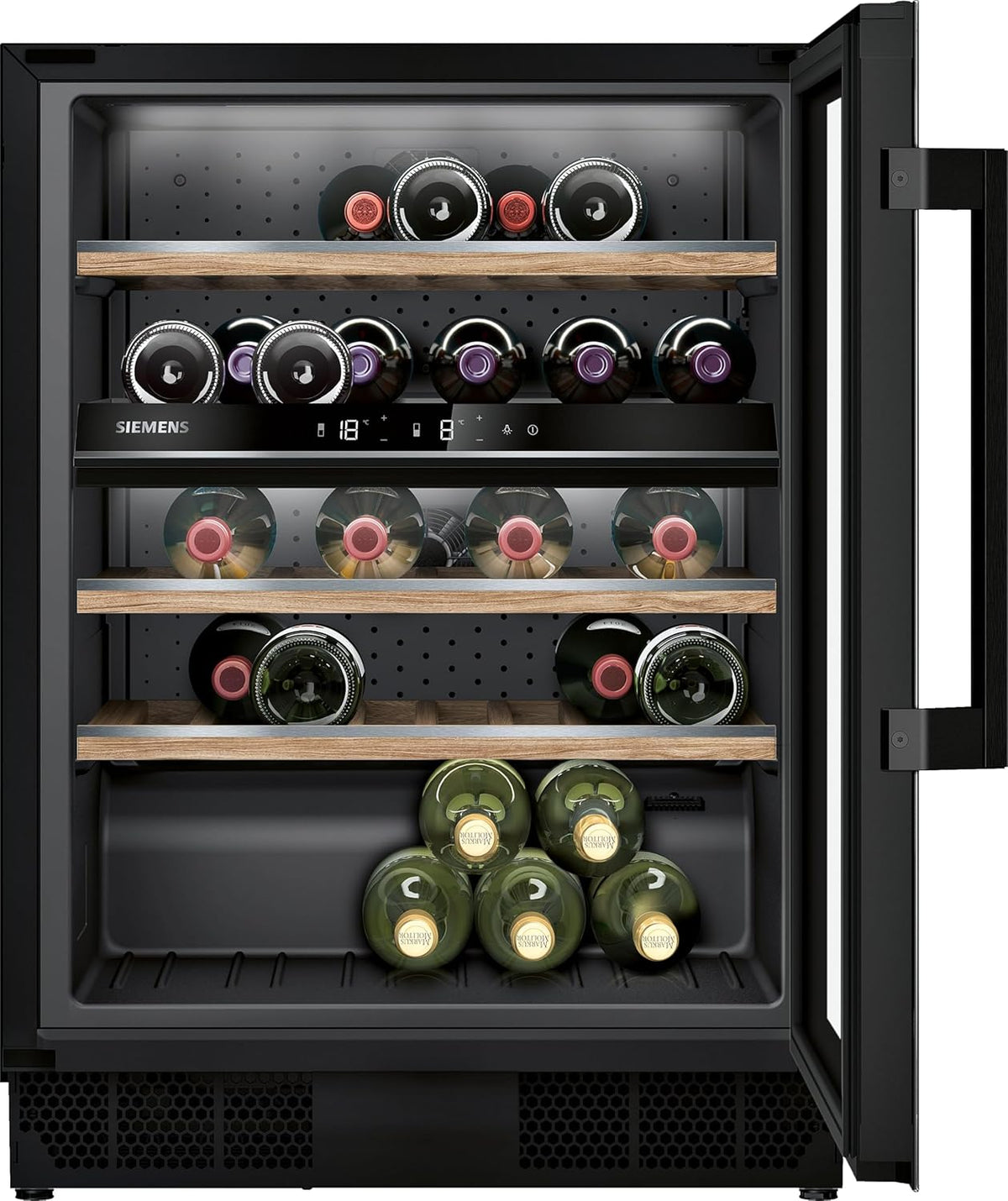 Vinoteca Siemens KU21WAHG0 iQ500, 82 x 60 cm, 44 botellas, temperatura: 5-20 °C, dos zonas de temperatura controladas por separado, 120 L