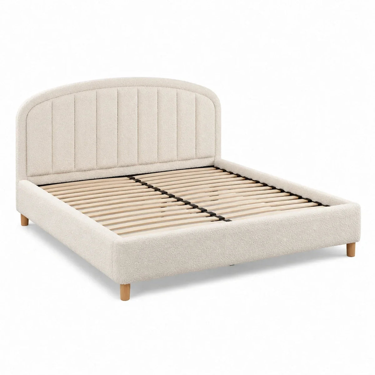 Cama tapizada moderna de 160 × 200 cm con tapizado de bouclé en color crema y somier de láminas de madera