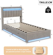 Cama abatible 90x200 cm con LED y puertos USB, cabecero con almacenamiento, cama individual con somier de láminas, fácil de montar, para adultos y adolescentes, terciopelo (gris, 90x200 cm)