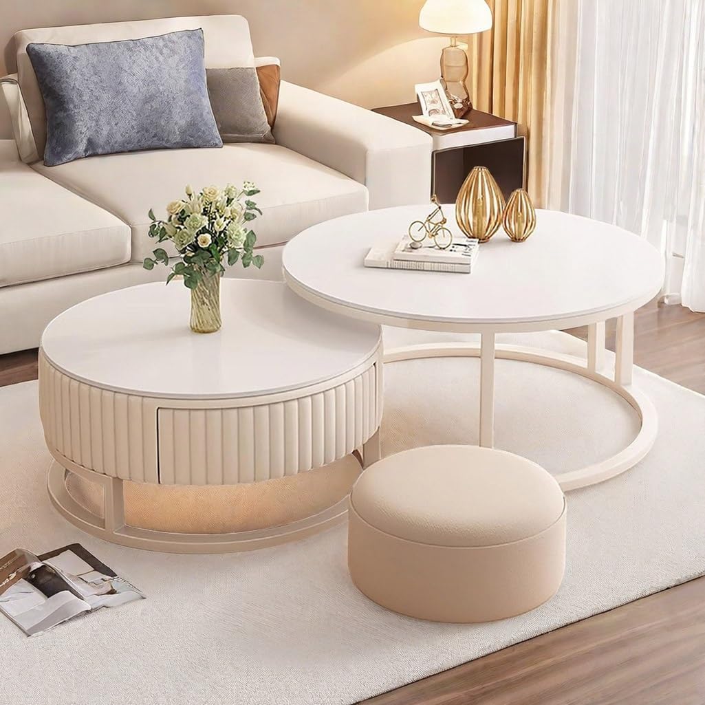 Mesa de centro redonda blanca, juego de 2 mesas nido para sala de estar, mesa de café redonda para salón, balcón y oficina - 70cm+50cm