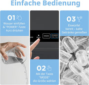 Máquina de hielo Comfee' RCI12BL1EU(E), 8 cubitos en 6 min, 12 kg/24 h, depósito de agua de 1,3 l, función de autolimpieza, máquina de hielo compacta en forma de bala, incluye pala y cesta para el hogar – Negro