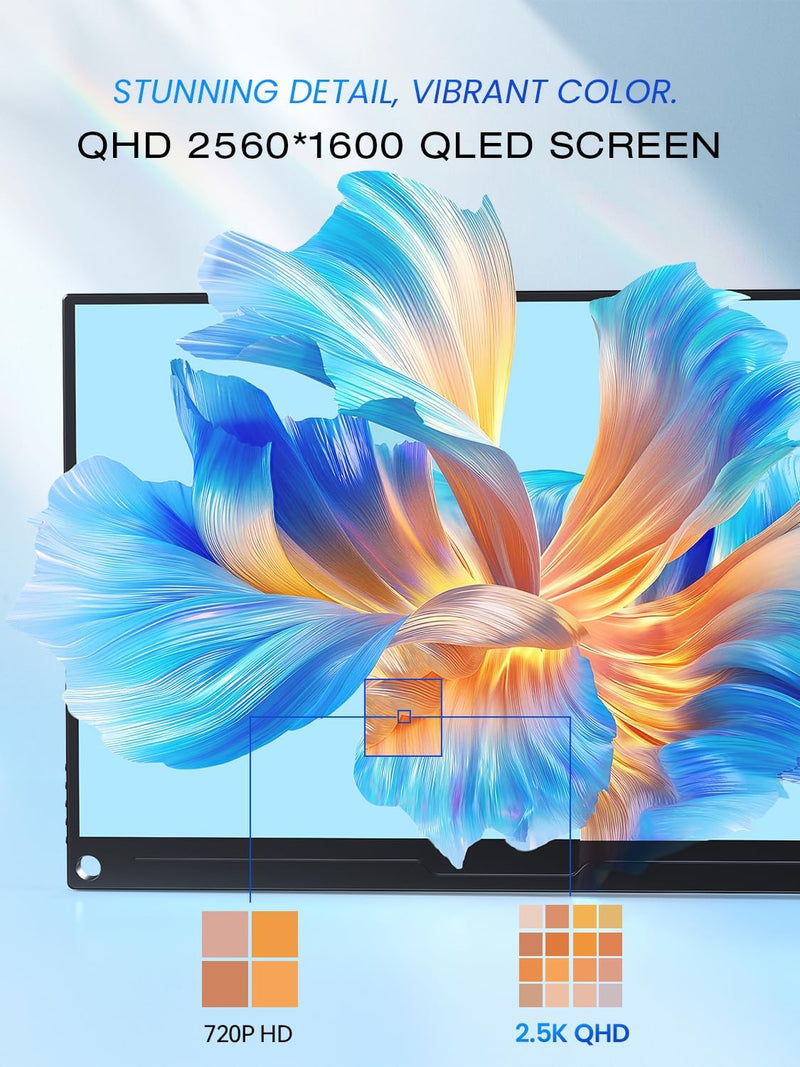 UPERFECT Monitor portátil QLED 2.5K de 16 pulgadas, monitor portátil 2560 * 1600, 150% sRGB, 2000:1, 500 nits, pantalla móvil de alta definición con interfaz HDMI/USB C