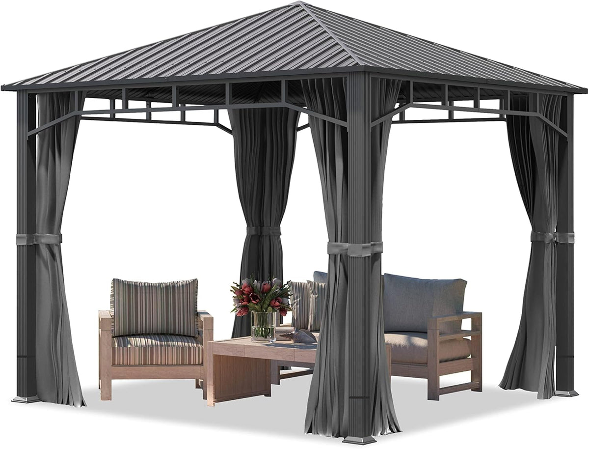 Gazebo de jardín TOOLPORT 3x3 m con techo rígido de acero, 4 paneles laterales en gris, postes de 9x9 cm
