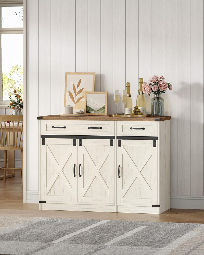 Aparador de cocina Hzuaneri, armario tipo bufé con 2 cajones, aparador con 3 puertas, estantes ajustables, estilo rústico, para cocina o salón, 40 x 108 x 80 cm, blanco vintage-marrón miel, SC85814X