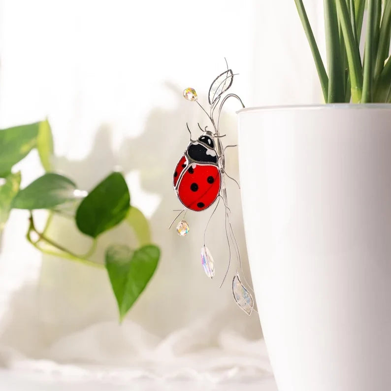 Estaca decorativa para plantas de mariquita de cristal con cristales - Atrapasoles para decoración de jardín