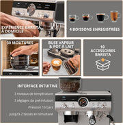 Krups Precision, Máquina de café espresso manual con molinillo, 30 niveles de molienda, 15 bares, boquilla de vapor, 3 temperaturas, interfaz intuitiva, capuchino, XP801T10