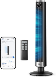 Ventilador de torre inteligente DREO 102–114 cm para dormitorio, altura ajustable, 8,4 m/s, motor CC, 9 velocidades, 4 modos, oscilación de 90°, ventilador de pie, 20 dB silencioso, temporizador de 12 h para el hogar y la oficina, Google/Alexa