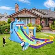 LEADZM Castillo hinchable con soplador, parque acuático inflable con temática de tiburón, con trampolín, tobogán, piscina, pistola de agua, adecuado para 3 niños de 3 a 10 años, 380x260x240 cm
