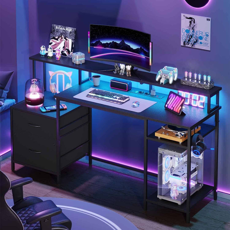 Escritorio Gamer LED Reversible con Regleta, Estante Ajustable, 2 Cajones, Soporte para Impresora y Soporte para Monitor, Negro