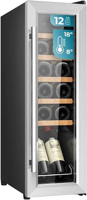 Cecotec Vinoteca de libre instalación Bolero GrandSommelier 1250 CoolWood. Nevera para vinos con capacidad para 12 botellas, temperatura ajustable de 8-18 ºC, luz LED y estantes de madera.