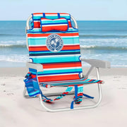 Silla de playa Tommy Bahama modelo 2025. A rayas rojas y azules.