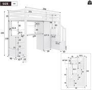 Cama alta infantil Merax 90x200 cm, con armario, escritorio, cajones y estantes, litera con escalera, somier y protección anticaídas, sin colchón, blanco/251×94×165 cm